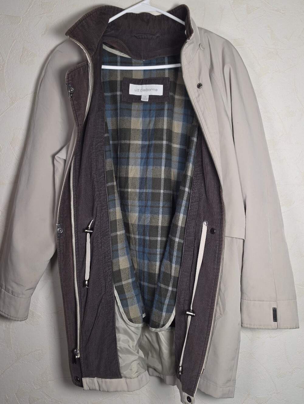 Liz Claiborne Vtg Beige Plaid Lined Anorak Parka Jacket Utility Rain Coat Medium